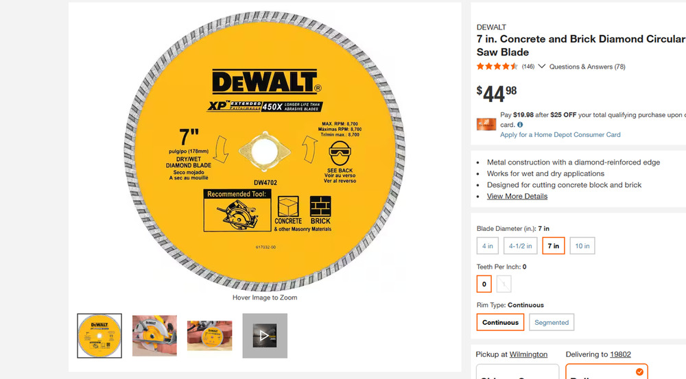 DEWALT DW4702 7" wet dry Concrete and Brick Block Diamond Circular Saw Blade NEW